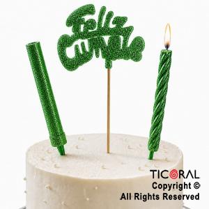 ADORNO DE TORTA SET FELIZ CUMPLE CON BENGALA Y VELA 9 CM GIBRE VERDE x 1